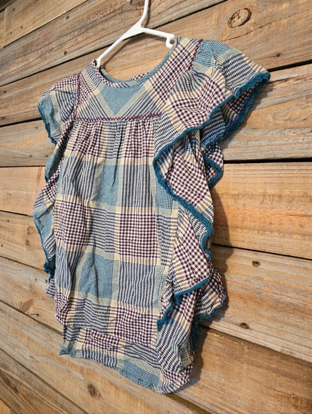 World Market Plaid Ruffle Flutter Sleeve Top Size S/M